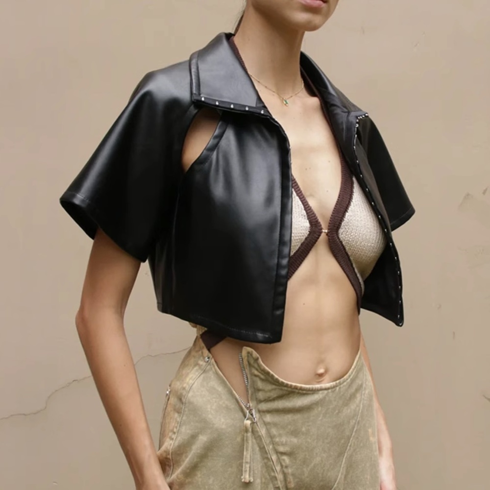 NWT RUVE ZASH Cropped Vegan Faux Leather Shirt - Black Cut Out